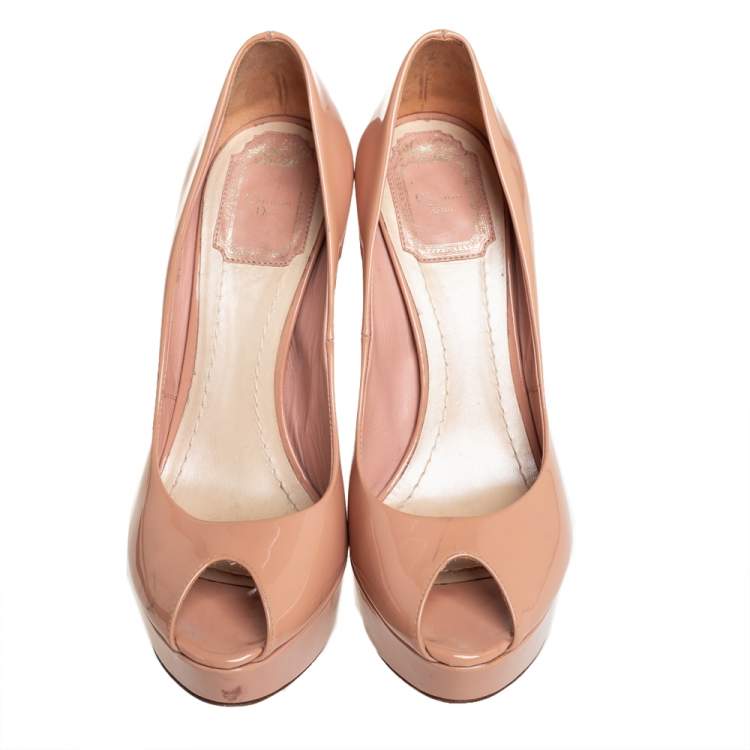 Pre Owned Dior Beige Patent Leather Platform Peep Toe Pumps Size 37