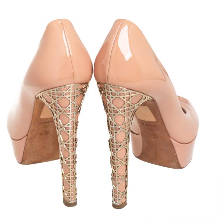 Pre Owned Dior Beige Patent Leather Platform Peep Toe Pumps Size 37