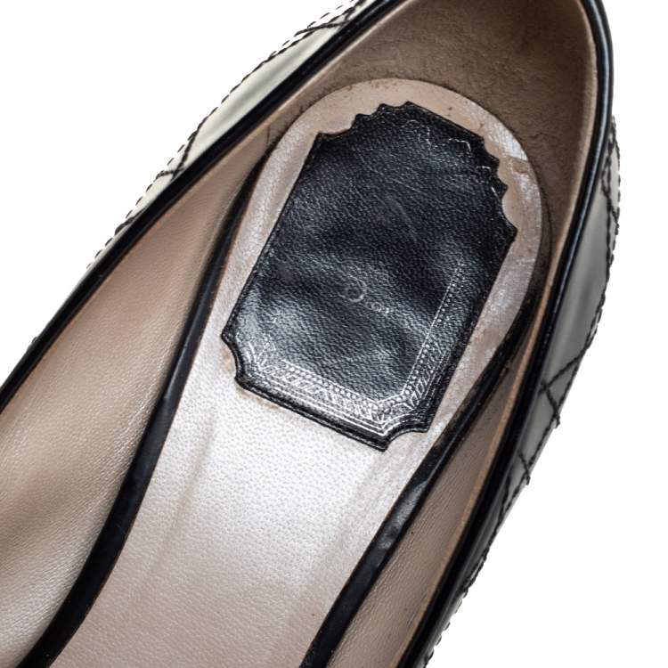 Pre Owned Dior Black Cannage Patent Leather Metal Logo Peep Toe Pumps Size 36