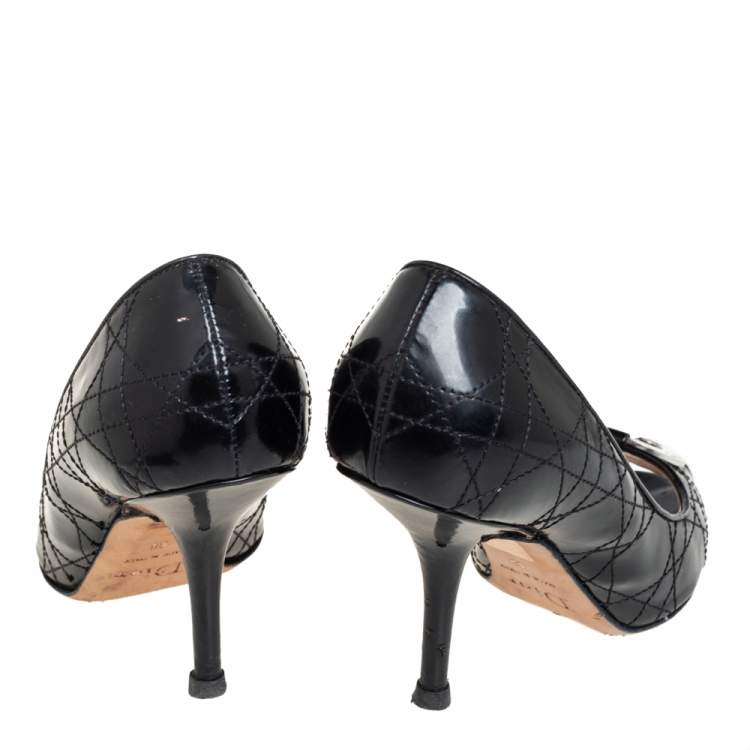 Pre Owned Dior Black Cannage Patent Leather Metal Logo Peep Toe Pumps Size 36