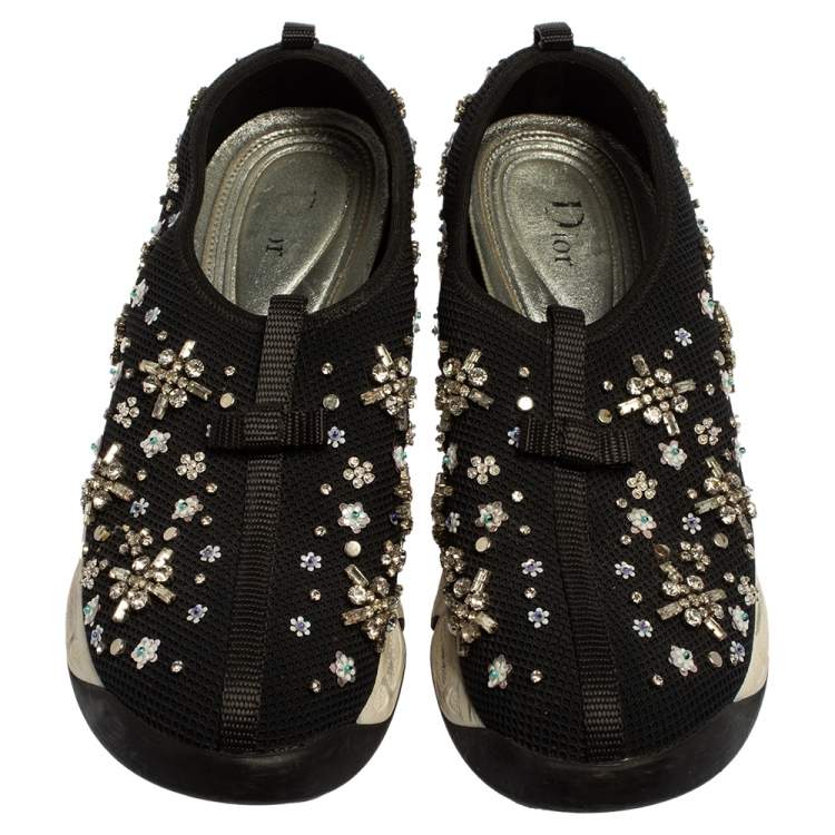 Pre Owned Dior Black Mesh Fusion Floral Embellished Slip On Sneakers Size 39