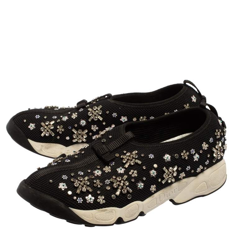 Pre Owned Dior Black Mesh Fusion Floral Embellished Slip On Sneakers Size 39