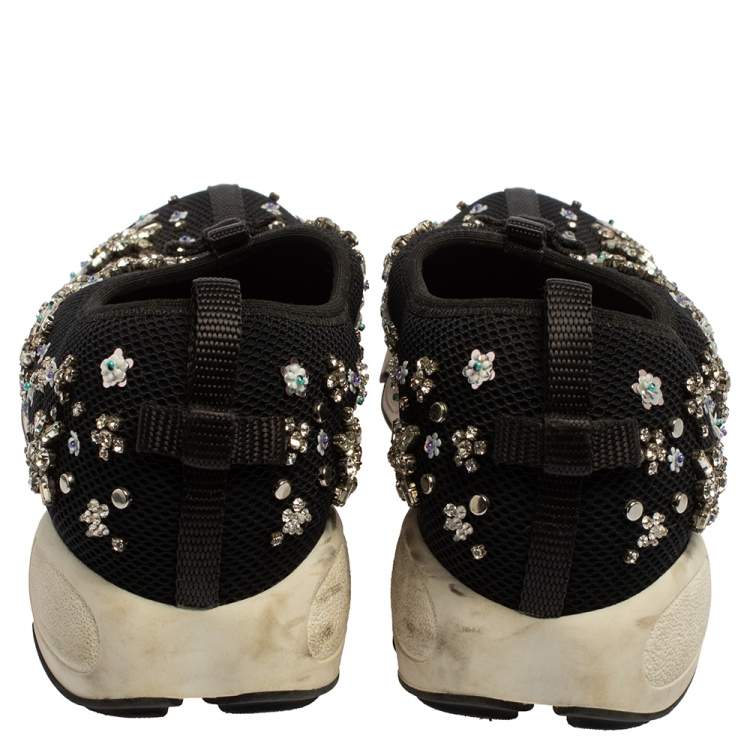 Pre Owned Dior Black Mesh Fusion Floral Embellished Slip On Sneakers Size 39