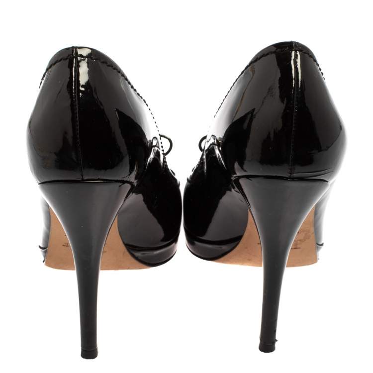 Pre Owned Dior Black Patent Leather Bow Peep Toe Pumps Size 36