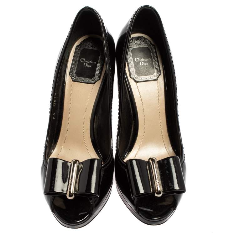 Pre Owned Dior Black Patent Leather Bow Peep Toe Pumps Size 36