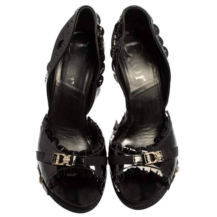 Pre Owned Dior Black Patent Brogue Leather Peep Toe Pumps Size 37