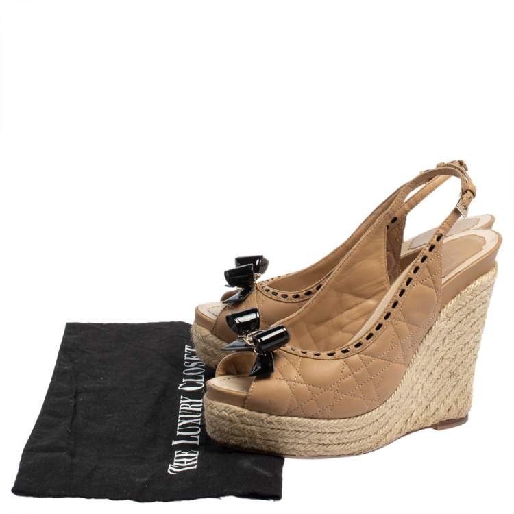 Pre Owned Dior Beige Leather And Patent Bow Espadrilles Slingback Wedges Sandals Size 38