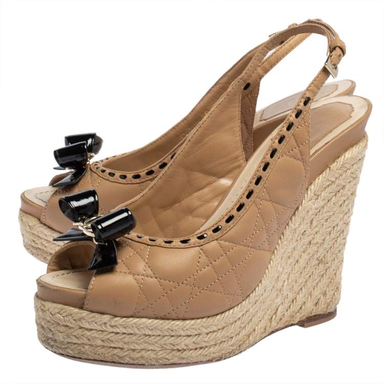Pre Owned Dior Beige Leather And Patent Bow Espadrilles Slingback Wedges Sandals Size 38