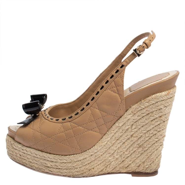 Pre Owned Dior Beige Leather And Patent Bow Espadrilles Slingback Wedges Sandals Size 38
