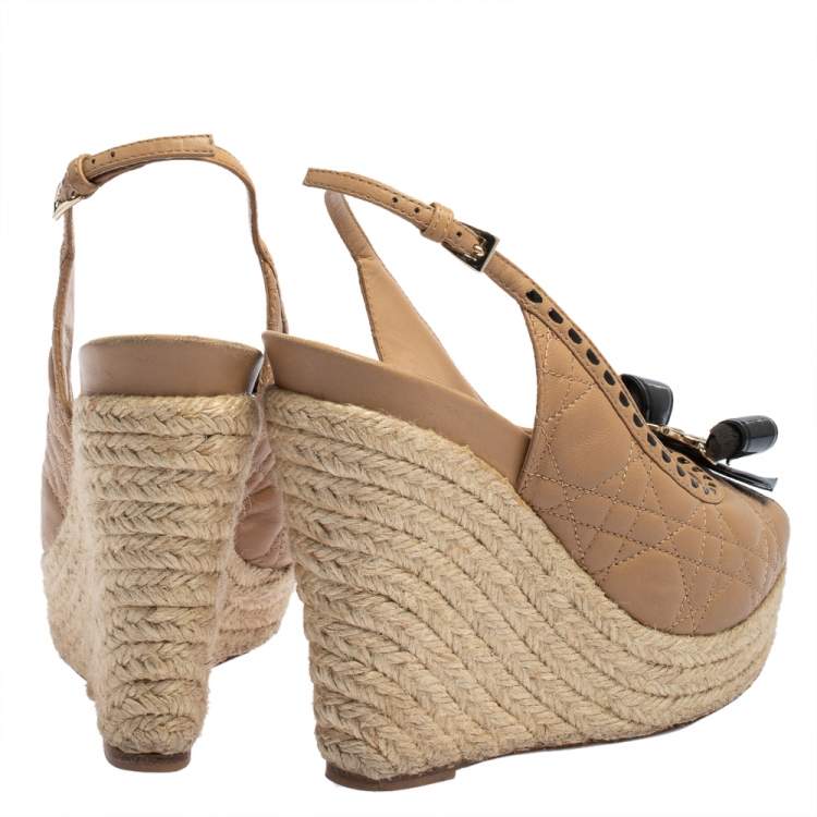 Pre Owned Dior Beige Leather And Patent Bow Espadrilles Slingback Wedges Sandals Size 38