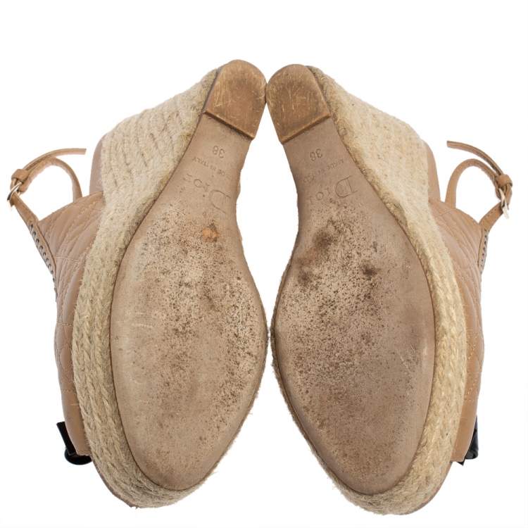 Pre Owned Dior Beige Leather And Patent Bow Espadrilles Slingback Wedges Sandals Size 38