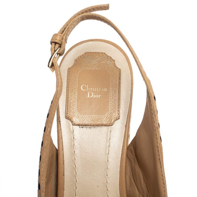 Pre Owned Dior Beige Leather And Patent Bow Espadrilles Slingback Wedges Sandals Size 38