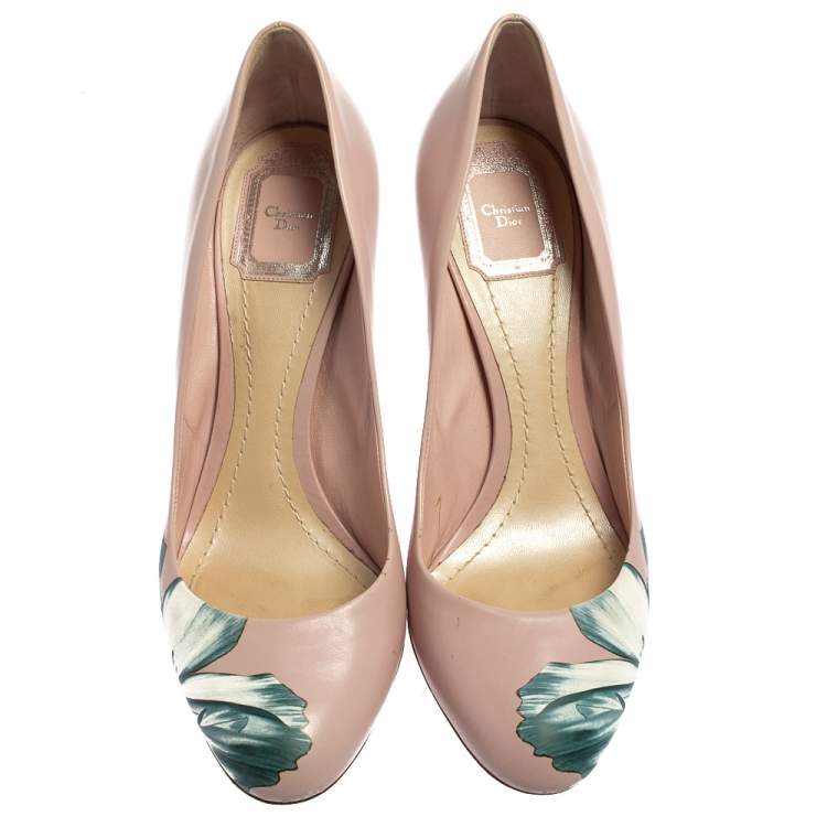 Pre Owned Dior Pink Leather Floral Print Round Toe Pumps Size 40.5