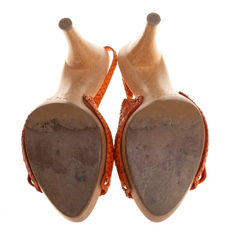 Pre Owned Dior Orange Python Embossed Leather Slingback Sandals Size 38