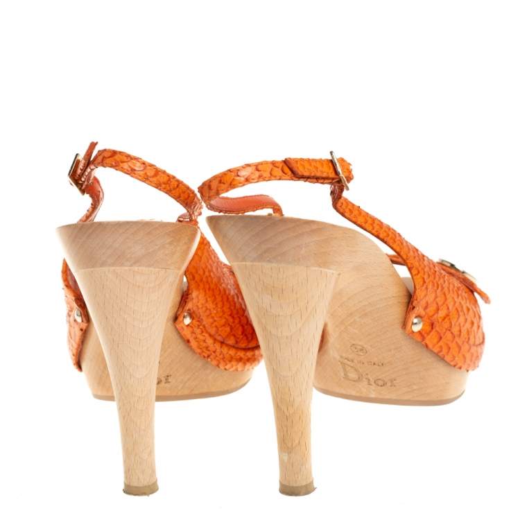 Pre Owned Dior Orange Python Embossed Leather Slingback Sandals Size 38