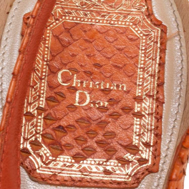Pre Owned Dior Orange Python Embossed Leather Slingback Sandals Size 38