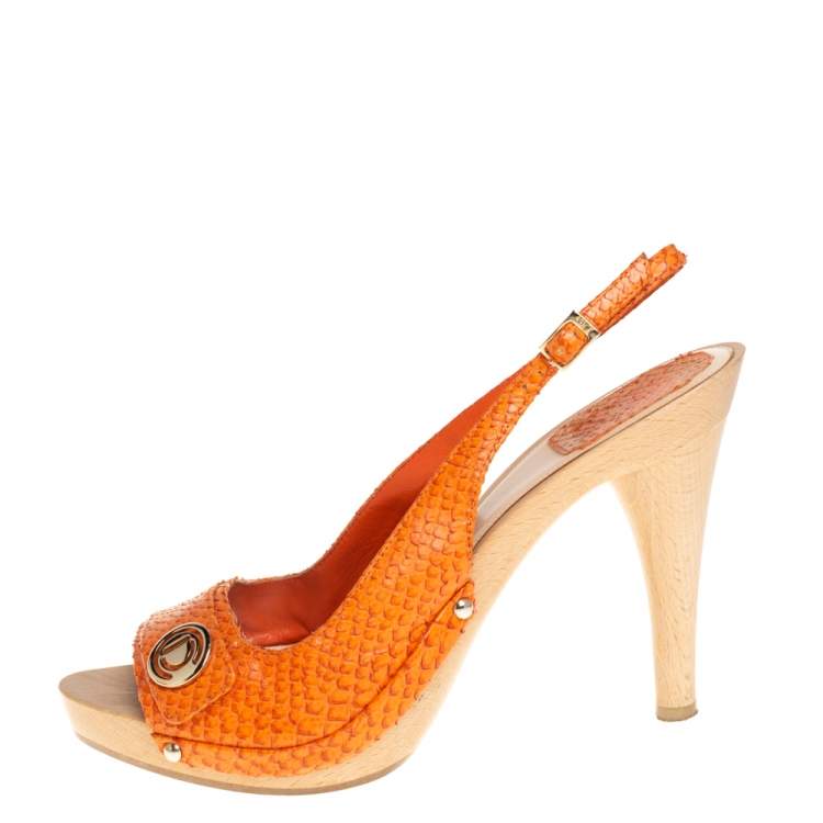 Pre Owned Dior Orange Python Embossed Leather Slingback Sandals Size 38