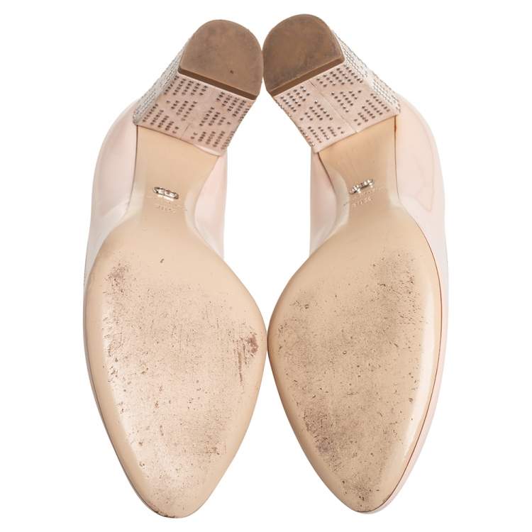 Pre Owned Dior Beige Patent Leather Embellished Block Heel Pumps Size 38.5