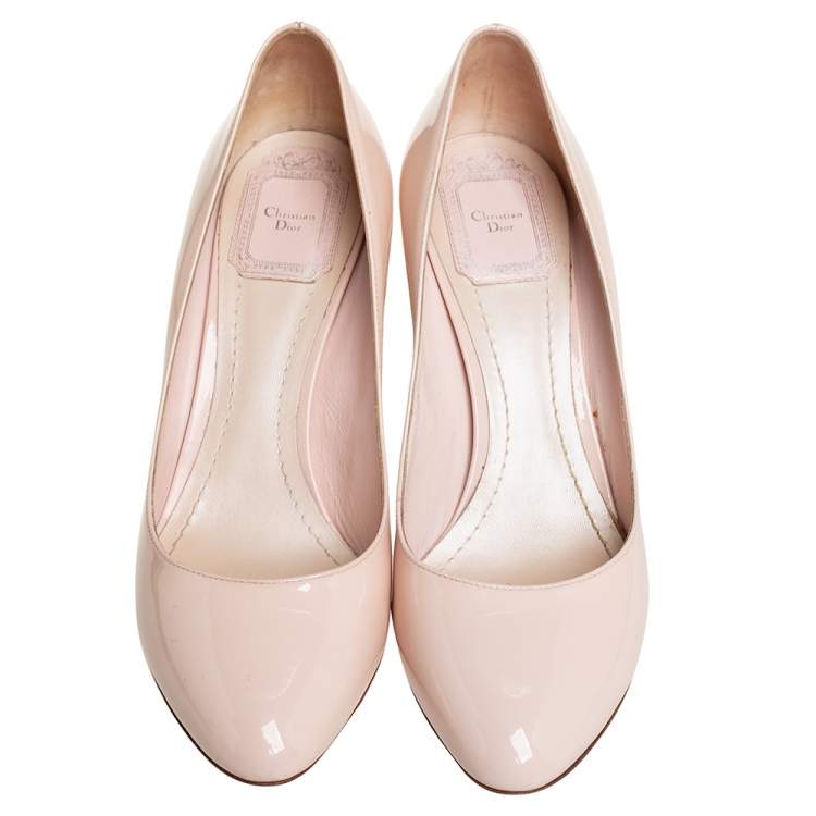 Pre Owned Dior Beige Patent Leather Embellished Block Heel Pumps Size 38.5