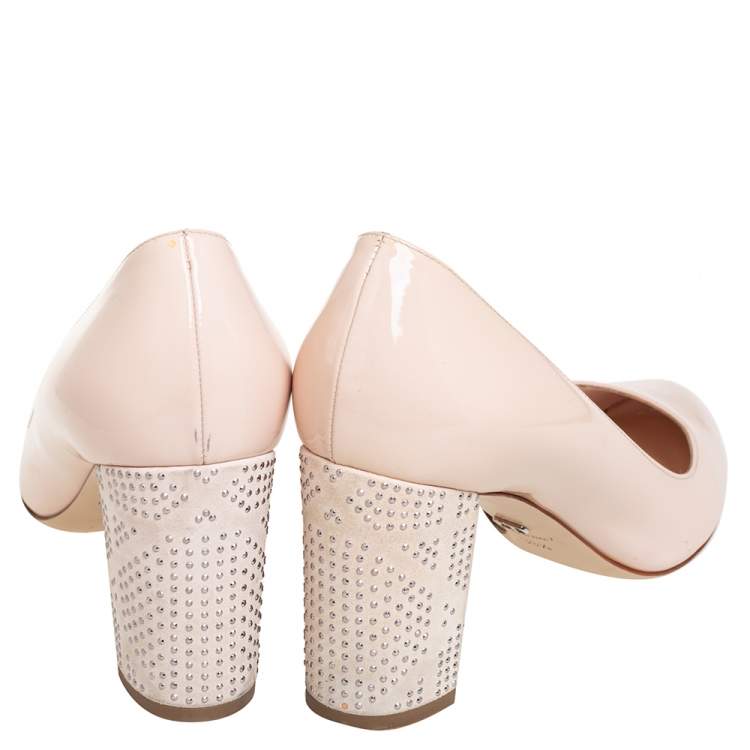 Pre Owned Dior Beige Patent Leather Embellished Block Heel Pumps Size 38.5