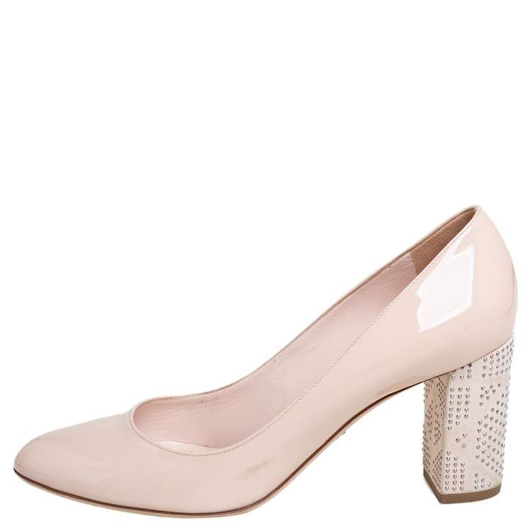 Pre Owned Dior Beige Patent Leather Embellished Block Heel Pumps Size 38.5