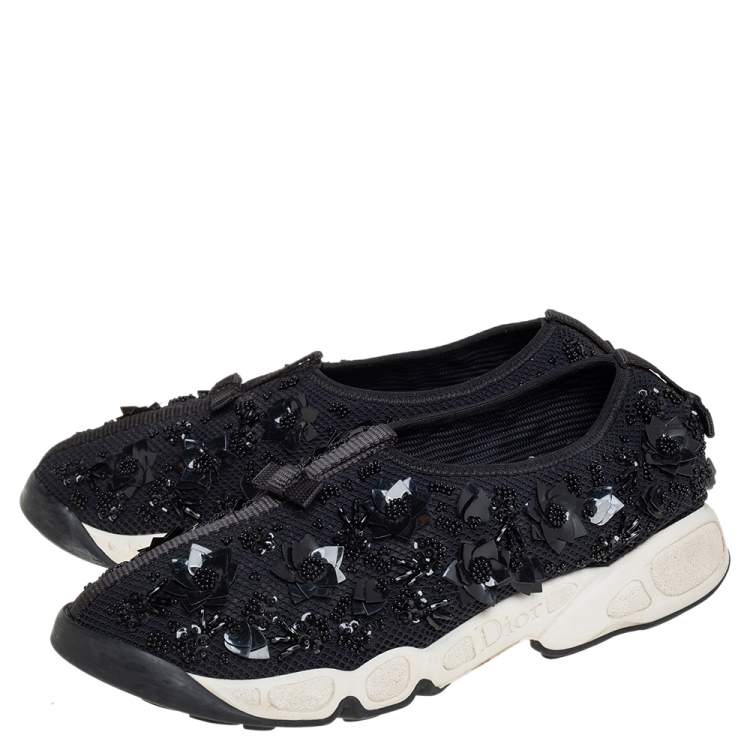 Pre Owned Dior Black Mesh Fusion Crystal Embellished Slip On Sneakers Size 37