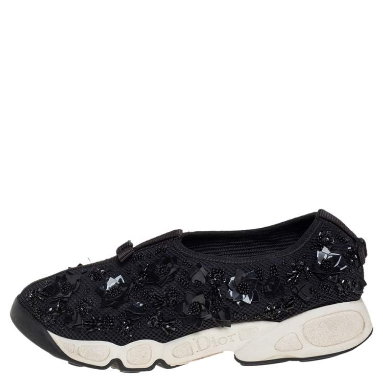 Pre Owned Dior Black Mesh Fusion Crystal Embellished Slip On Sneakers Size 37
