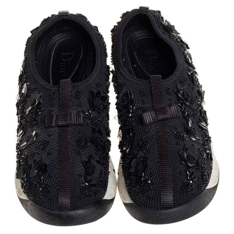 Pre Owned Dior Black Mesh Fusion Crystal Embellished Slip On Sneakers Size 37