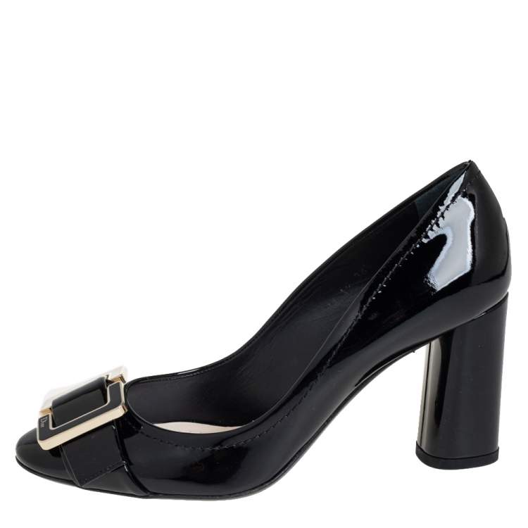 Pre Owned Dior Black Leather Buckle Detail Block Heel Pumps Size 38.5