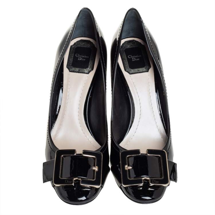 Pre Owned Dior Black Leather Buckle Detail Block Heel Pumps Size 38.5