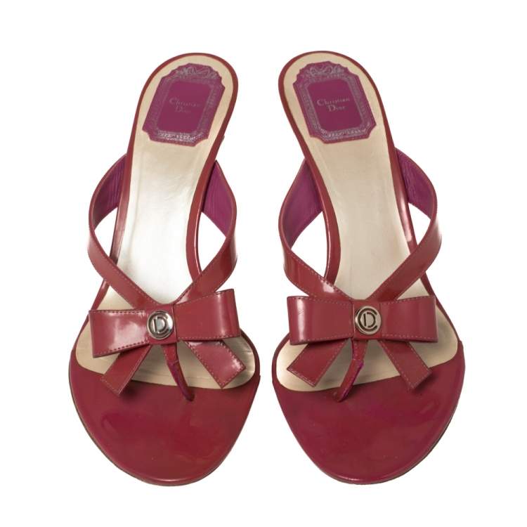 Pre Owned Dior Red Patent Leather Bow Sandals Size 38.5