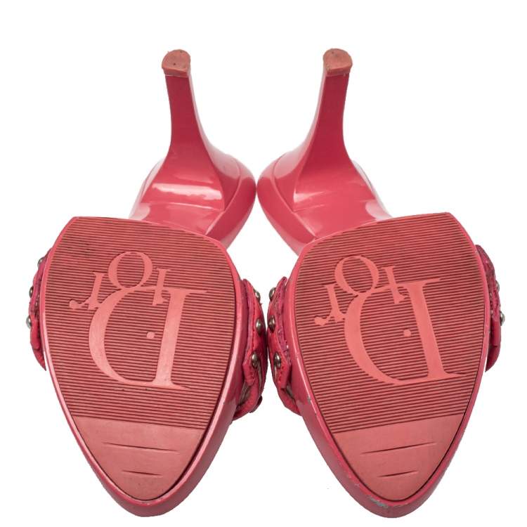 Pre Owned Dior Pink/White Canvas And Leather Logo Embellished Slide Sandals Size 40
