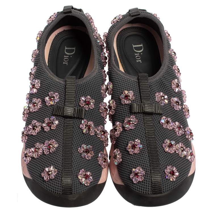 Pre Owned Dior Grey Fabric And Mesh Embellishment Fusion Sneakers Size 39