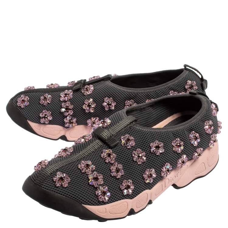 Pre Owned Dior Grey Fabric And Mesh Embellishment Fusion Sneakers Size 39