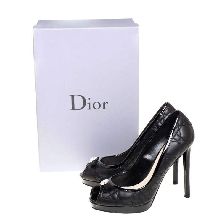 Pre Owned Dior Black Cannage Quilted And Patent Leather Bow Pumps Size 37