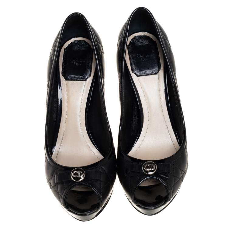 Pre Owned Dior Black Cannage Quilted And Patent Leather Bow Pumps Size 37