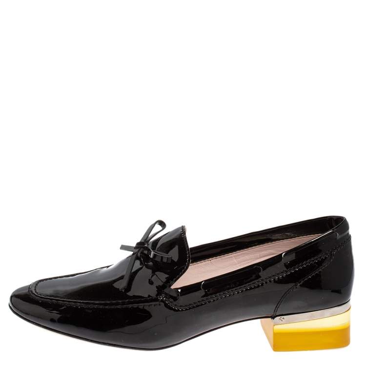 Pre Owned Dior Grey Patent Leather Bow Embellished Lucite Block Heel Loafer Pumps Size 39.5