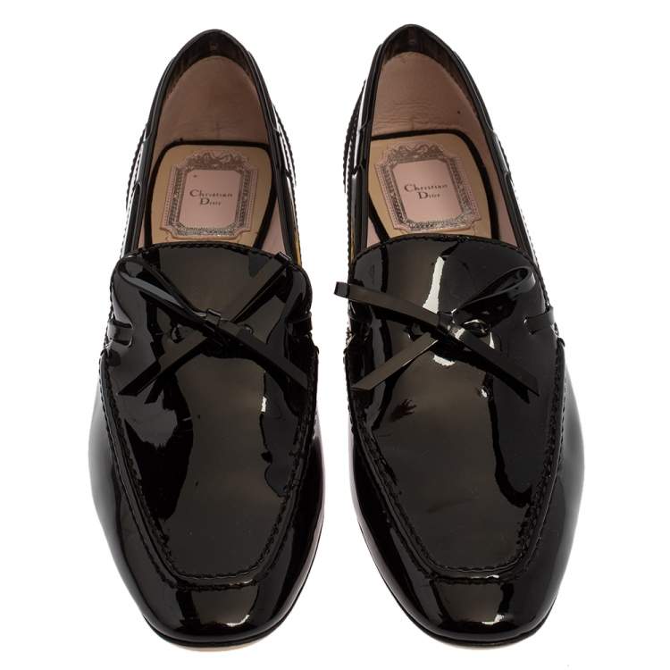 Pre Owned Dior Grey Patent Leather Bow Embellished Lucite Block Heel Loafer Pumps Size 39.5