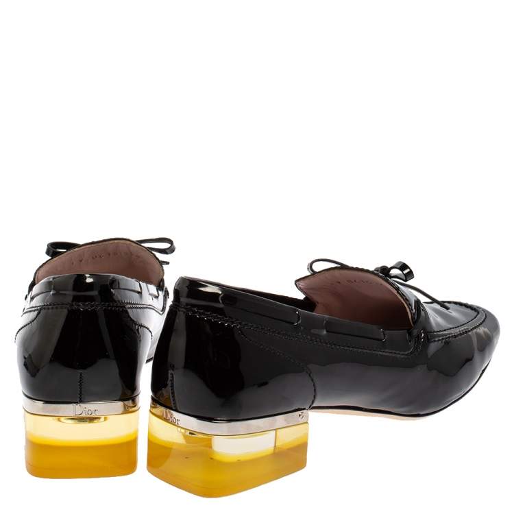 Pre Owned Dior Grey Patent Leather Bow Embellished Lucite Block Heel Loafer Pumps Size 39.5
