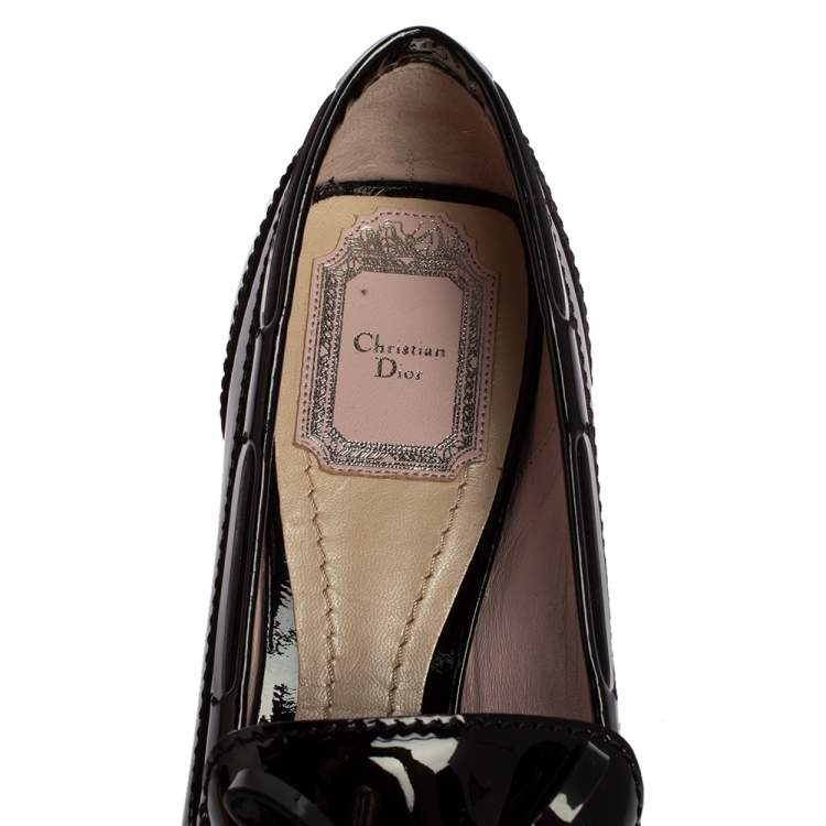 Pre Owned Dior Grey Patent Leather Bow Embellished Lucite Block Heel Loafer Pumps Size 39.5