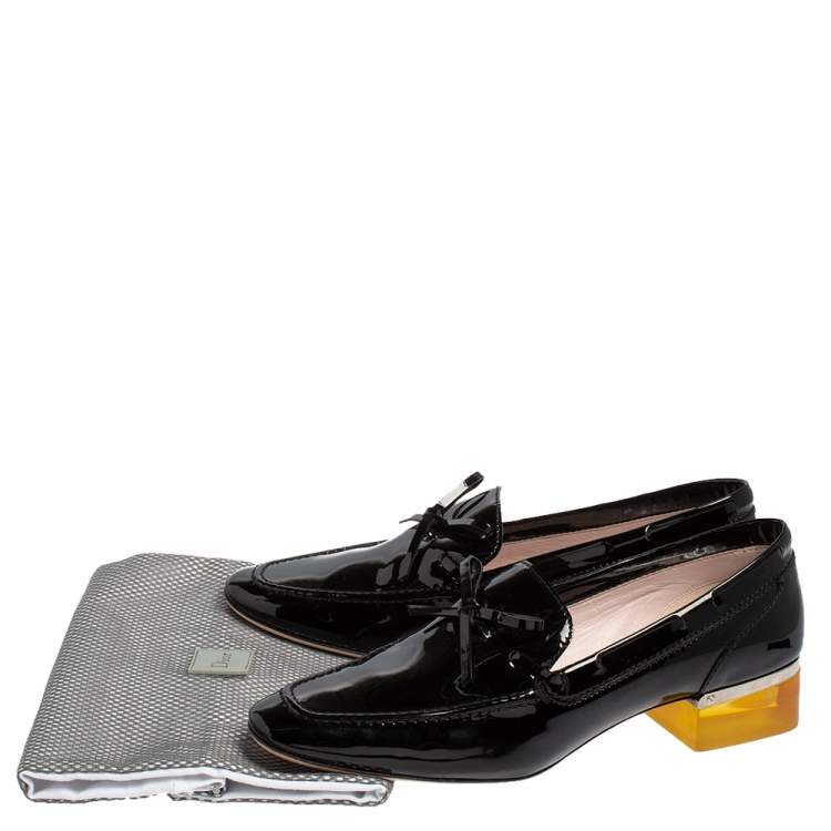 Pre Owned Dior Grey Patent Leather Bow Embellished Lucite Block Heel Loafer Pumps Size 39.5