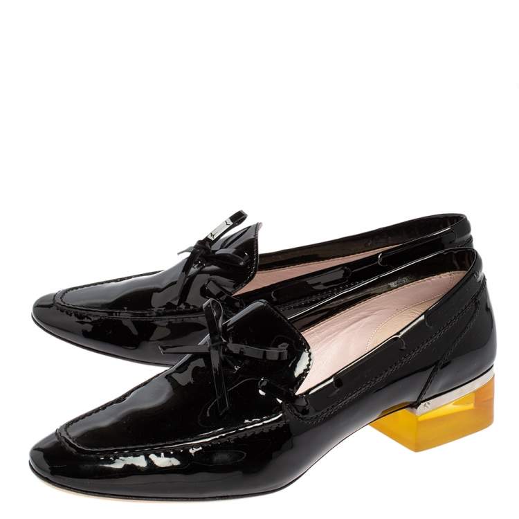 Pre Owned Dior Grey Patent Leather Bow Embellished Lucite Block Heel Loafer Pumps Size 39.5