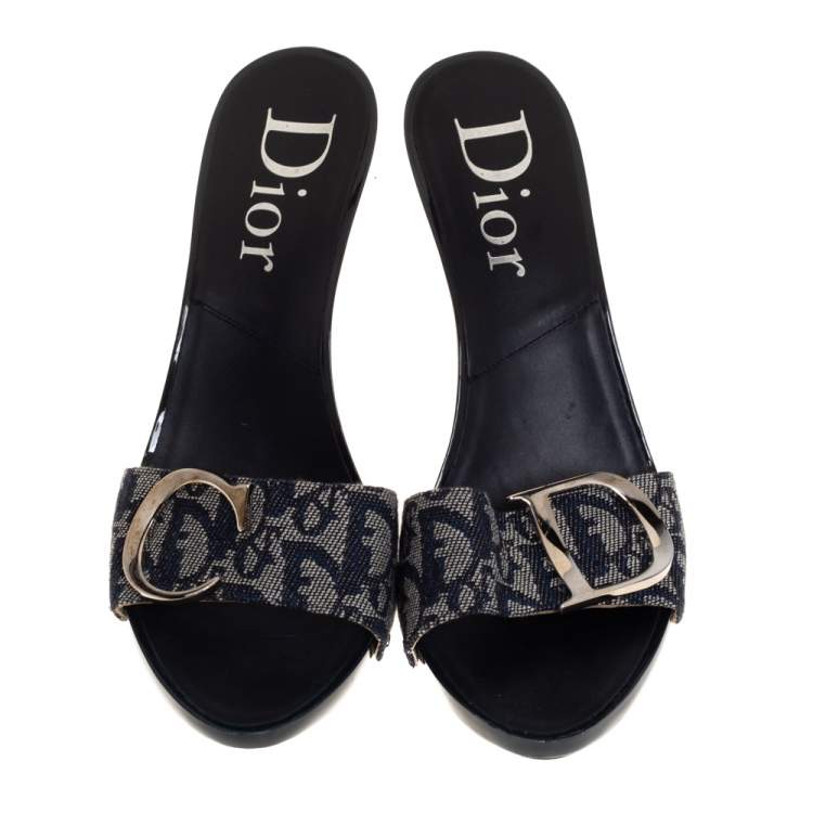 Pre Owned Dior Blue Canvas Logo Detail Slide Sandals Size 40