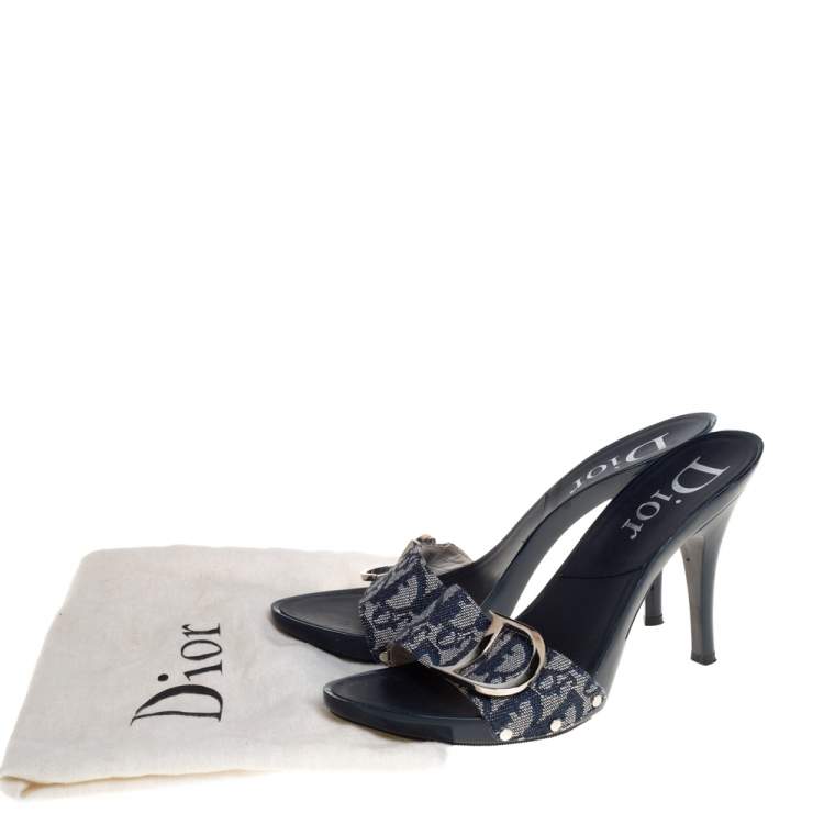 Pre Owned Dior Blue Canvas Logo Detail Slide Sandals Size 40