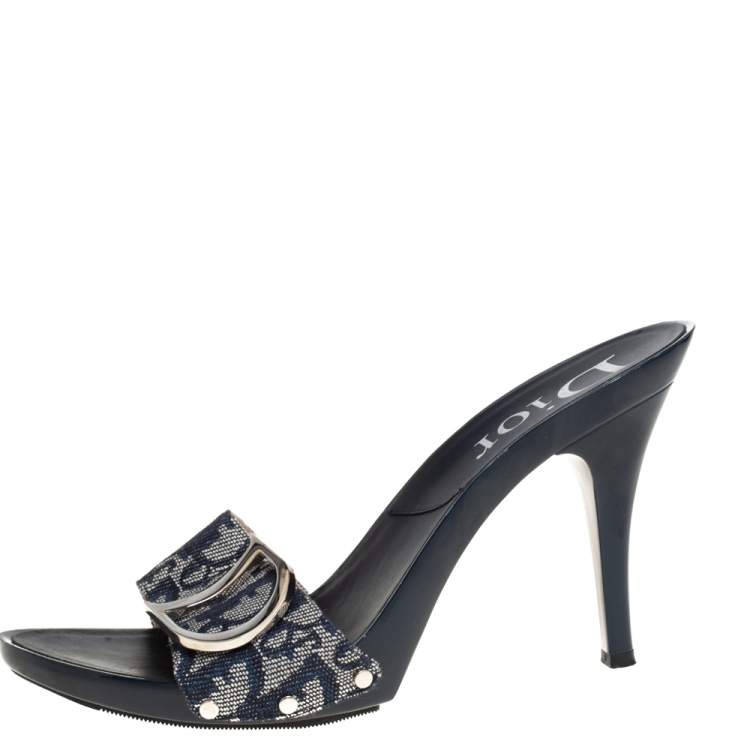 Pre Owned Dior Blue Canvas Logo Detail Slide Sandals Size 40