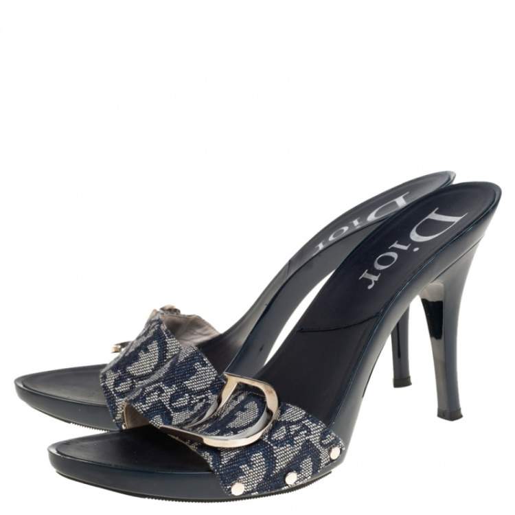 Pre Owned Dior Blue Canvas Logo Detail Slide Sandals Size 40