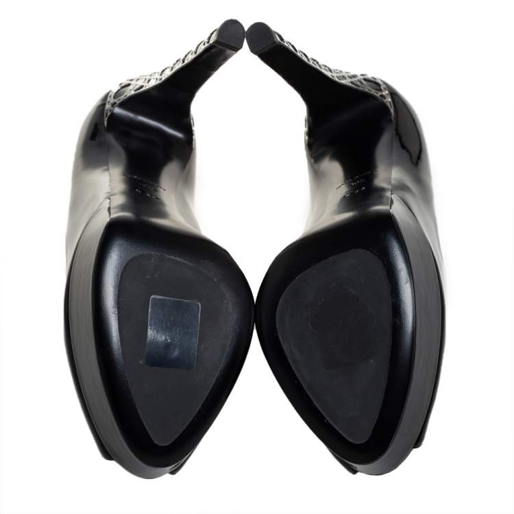 Pre Owned Dior Black Patent Leather Cannage Heel Peep Toe Platform Pumps Size 39.5