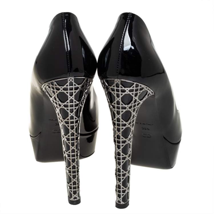 Pre Owned Dior Black Patent Leather Cannage Heel Peep Toe Platform Pumps Size 39.5