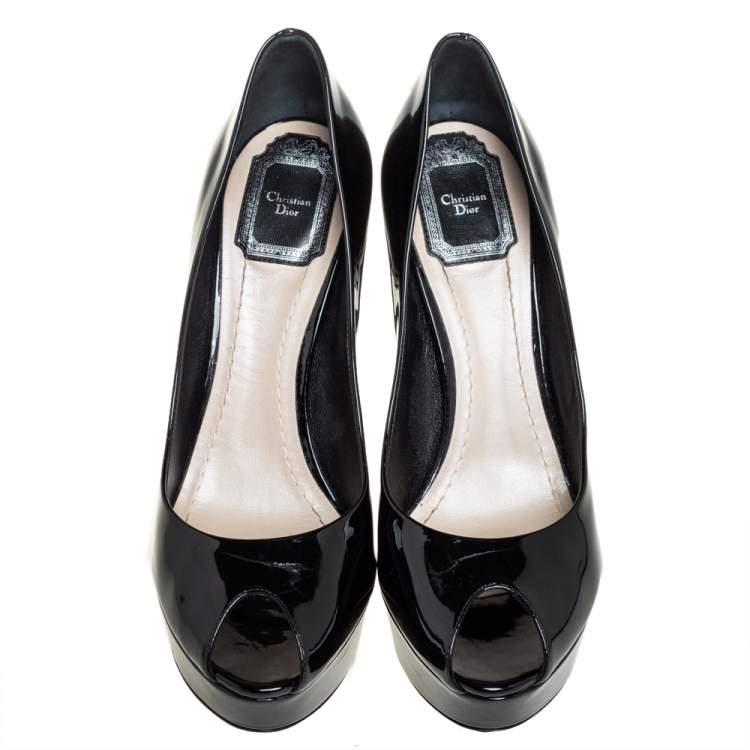 Pre Owned Dior Black Patent Leather Cannage Heel Peep Toe Platform Pumps Size 39.5