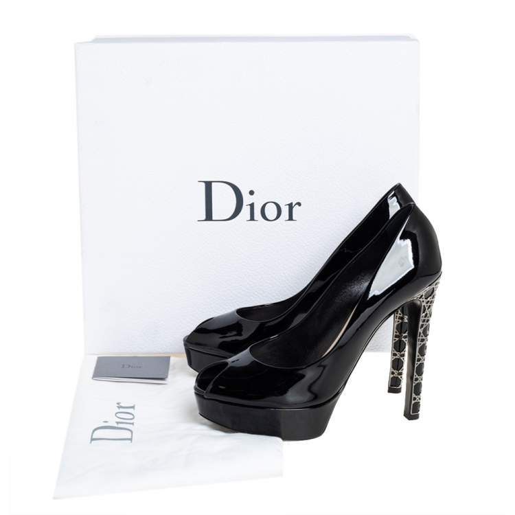 Pre Owned Dior Black Patent Leather Cannage Heel Peep Toe Platform Pumps Size 39.5